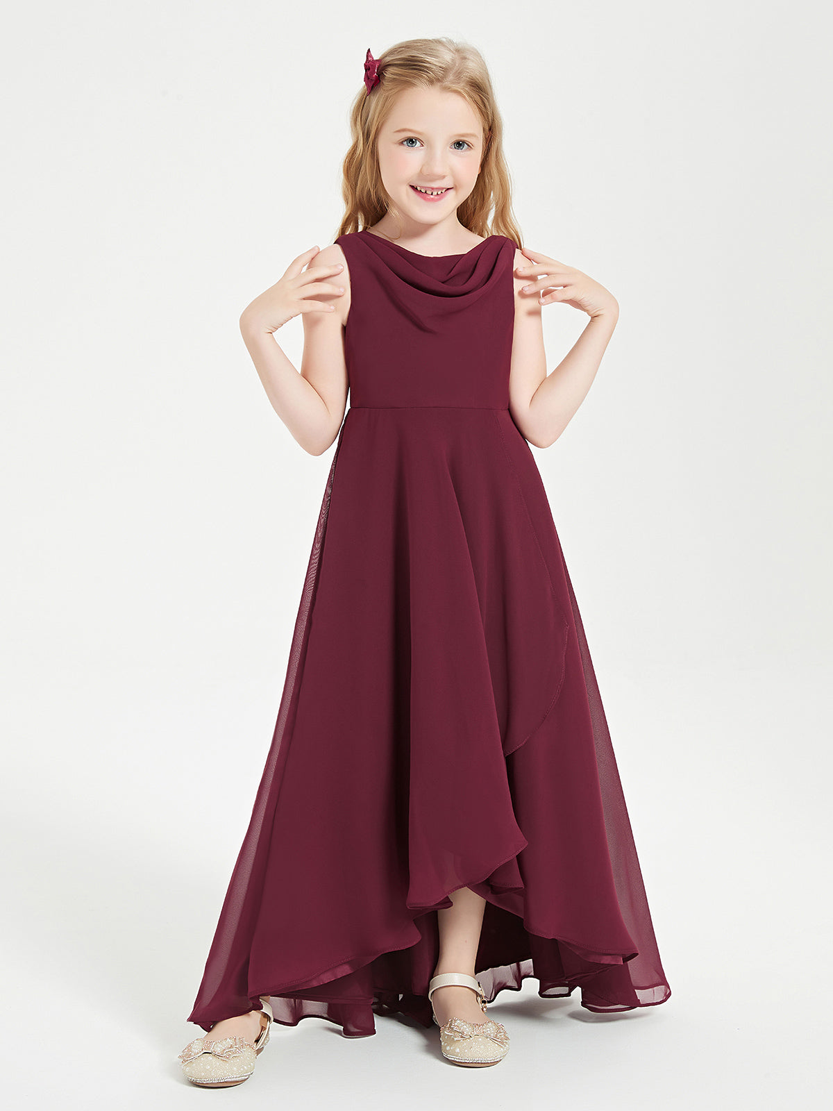 Modern Asymmetrical Junior Bridesmaid Dresses Cowl Neck Cabernet